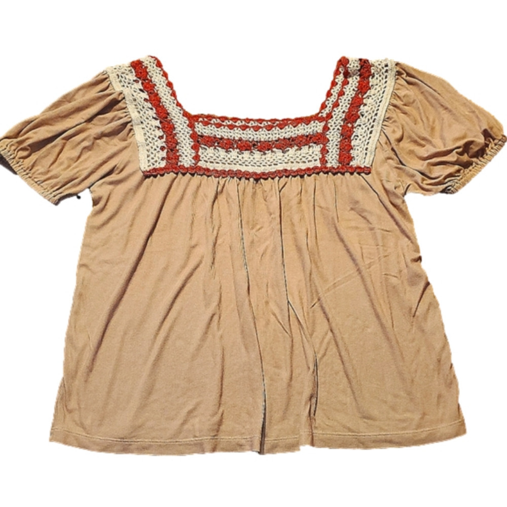 Lucky Brand Tan Short Sleeve Shirt w/ Crochet Top Small